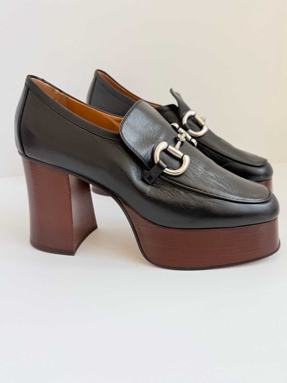 Gucci 715138 Horsebit Platform Loafers Black Leather Wood Block Heel Pumps EU 40